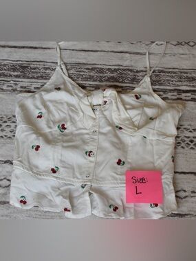 White Cherry-Print Ruffle-Hem Button Front Tank Top